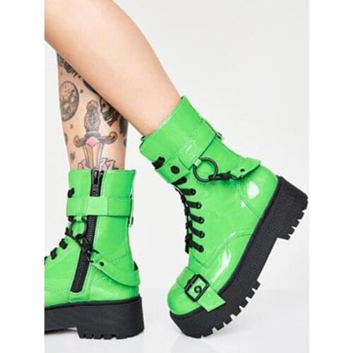 Round Toe Patent Leather Buckle Belt Women Boots Thick Heel Motorcycle Boots Runway Show Cross-tied Female Boots Botas Mujer