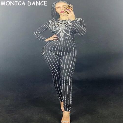 Women Sexy Stage Costumes Singer Sparkly Crystal Rhinestone Jumpsuit Celebrate Women Nightclub Stage Bodysuit Costume