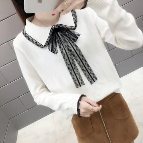 Spring Korean Fashion Lace Splicing Knitted Sweater Women Loose Short Student Tops 6 Color Long Sleeve Knitting Pullover Female