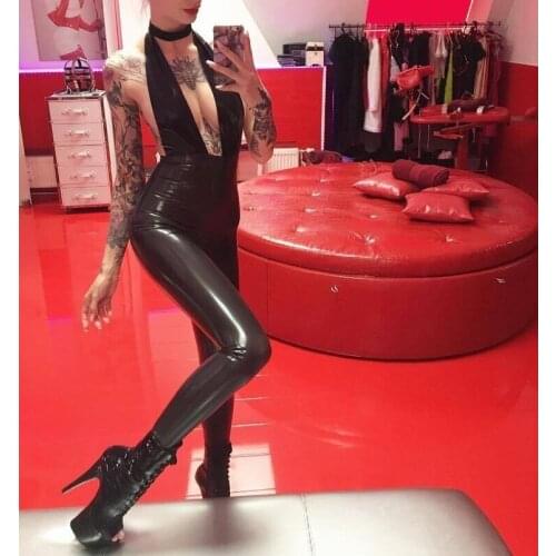 Womens black latex bodysuit Fetish halter design latex catsuit costume no zipper
