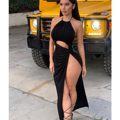 JULISSA MO Black Sexy Halter Split Long Dress Women Summer Off Shoulder Ruched Party Dress Alegant Backless Slim Long Vestidos