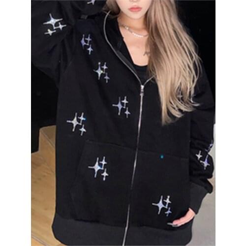 2021 Zipper Grunge Clothes Star Hot Brick Harajuku Punk Oversized Hoodie Retro Clothes Y2K Gothic Sweater Rhinestone Tops E-girl