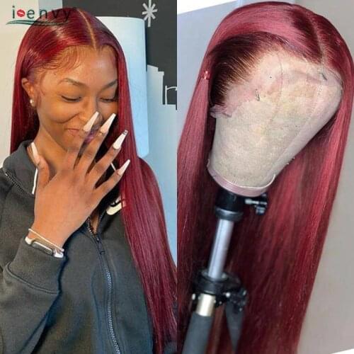 99J Burgundy Lace Front Human Hair Wigs Transparent Lace Frontal Wigs Pre Plucked Peruvian Straight Human Hair Wig Red Wigs Remy