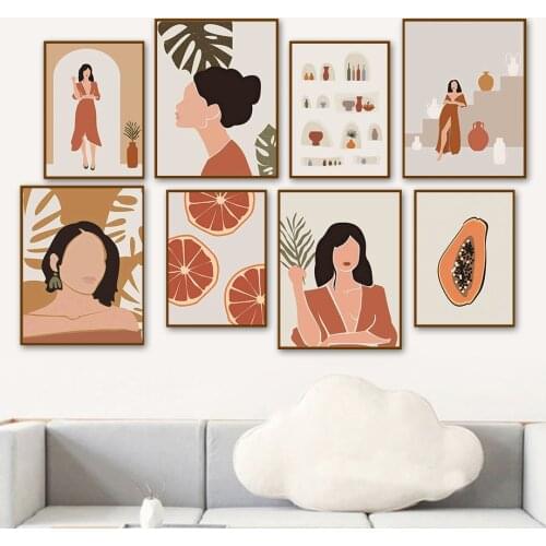 Abstract Woman Face Leaves Lemon Papaya Wall Art Canvas Painting Nordic Posters And Prints Wall Pictures For Living Room Decor