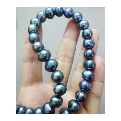 Noble jewelry GENUINE 9-10MM Freshwater BLACK PEARL NECKLACE 17.5inch 14K GOLD