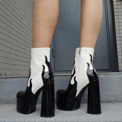 DOHBANER Ankle Boots For Women Chunky High Heels Platform Patchwork Booties Zip Up Ladies Shoes Woman Unisex Large Size 44 46 47