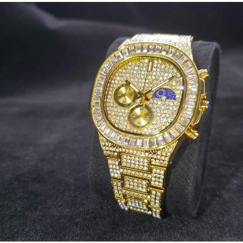 MISSFOX Full Diamond Moon Phase Watches Men Premium Gold Chronograph Man Wristwatch Luxury Fashion High Quality Man Watches
