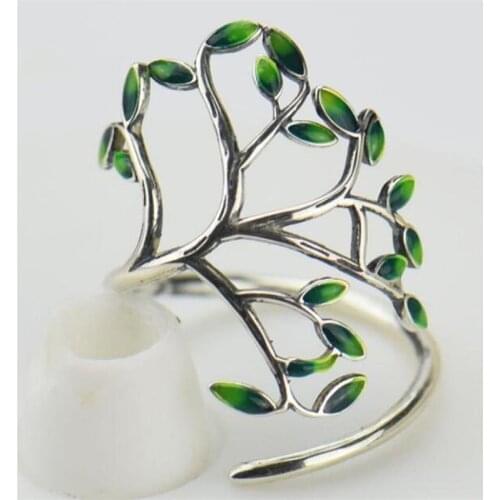 Ethnic Silver Color Rings Adjustable Green Leaf Engagement Rings For Women Wedding Gift Jewelry