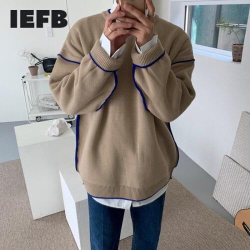 IEFB / mens wear round collar sweater Korean loose trendy kintted tops for male autumn and winter thickened new clothes 9Y4246