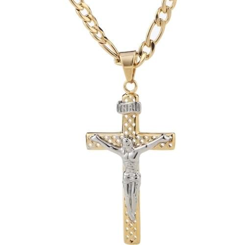 Catholic Jesus Christ on Cross Crucifix Stainless Steel Pendant Necklace 24" Curb Chain Necklace for Men Women