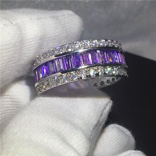 Trendy ring White Gold Filled Engagement Wedding Band Rings for women Princess cut Purple AAAAA zircon cz Female Finger Jewelry