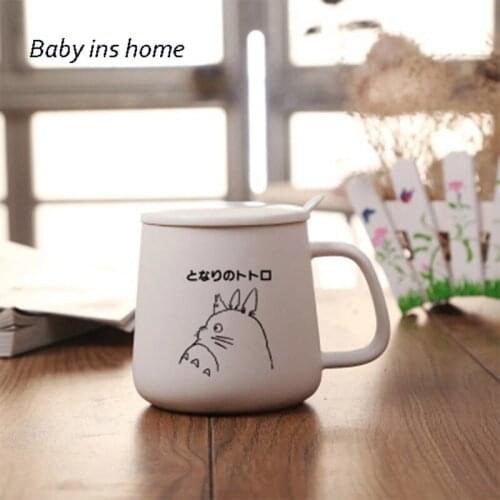 Mug with Lid and Spoon 401-500ml Microwavable Totoro Cute Black White Kawaii Ins Ceramic Cup Student Korean Style Coffee Cup