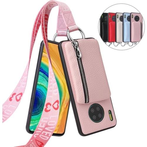 Fashion Zipper Purse Wallet Leather Case Cover With Love Neck Strap For huawei P40 P30 P20 Pro Lite Mate 20 30 40 Pro Plus