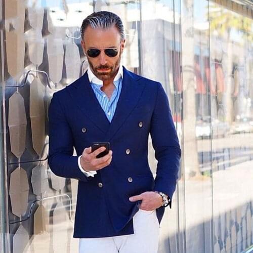 Navy Blue Men Suits Formal Man Costume White Pants Double Breasted Wide Peaked Lapel Slim Fit Groom Tuxedos 2Piece Prom Ternos