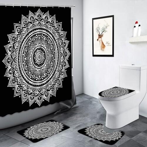 Bathroom Set Shower Curtain Black White Mandala Flower Indian Bohemian Style Decor WC Carpet Bath Mats Toilet Lid ​Non-slip Mat