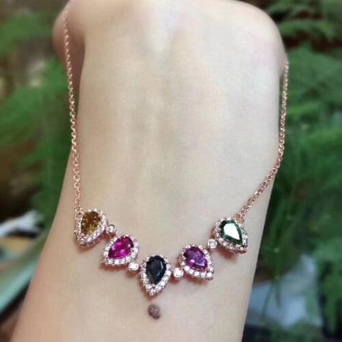 Natural multicolor tourmaline water drop Flower two wears necklace natural gemstone pendant necklace S925 silver girl jewelery