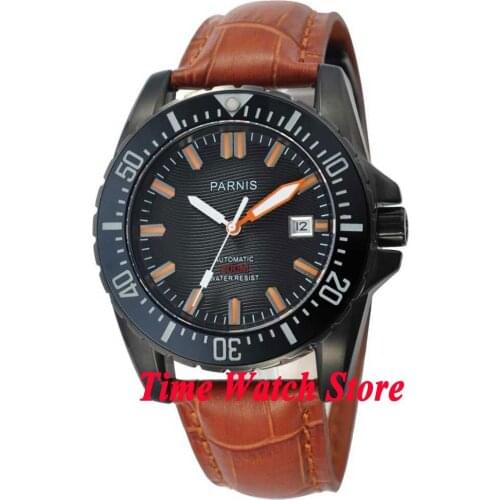 Parnis 43mm Diver Miyota Automatic Mens Watch Sapphire Glass Black Dial PVD Coated Case Date Window Ceramic Bezel Leather Strap