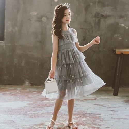 Teenager Girls Dress Summer 2020 Clothes Casual Layered Mesh Patchwork Sleeveless Baby Childrens Dresses Girl Clothing Fashion