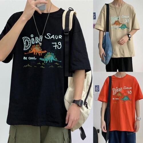 Cartoon Dinosaur Men Half Sleeve Round Neck Loose Soft Blouse T-shirt Tee Top