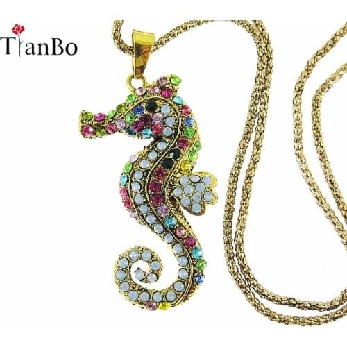 TianBo Full multicolor Crystal Seahorse Pendant Necklaces Long Sweater Chains For Women Fashion Animal Jewelry Dropshipping
