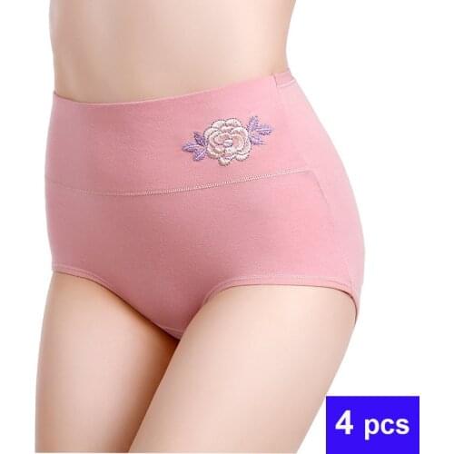 4pcs/lot Cotton Underwear Womens Embroidered Panties Ladys Abdomen Panties Belly Lift Underpant Breathable Panties High Waist