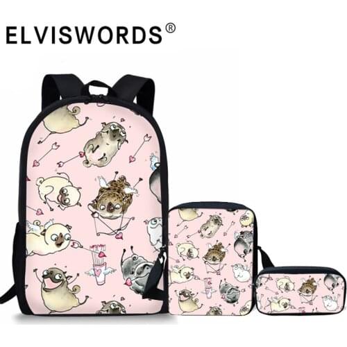 ELVISWORDS Funny 3D Pug Print School Bags 3Pcs/Set Girls Boys Backpack School Kids Bag Travel Schoolbag Satchels Mochila Escolar