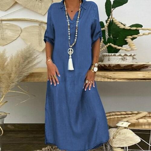 M-5XL 2021 Women Half Chic Sleeve Denim V-neck Loose Maxi Dress Streetwear for Daily Life