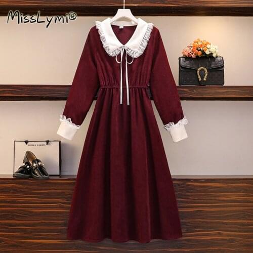 L-4XL Plus Size Women Vintage Red Dress Spring 2021 Cute Lace Patchwork Peter Pan Collar Long Sleeve Loose Casual Midi Dresses