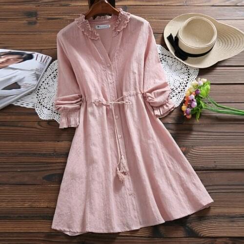 Womens Autumn Dress New Style Tassels Wide Loose Mid-length Fungus Cotton and Linen Jacquard Long Sleeve Dresses GX287