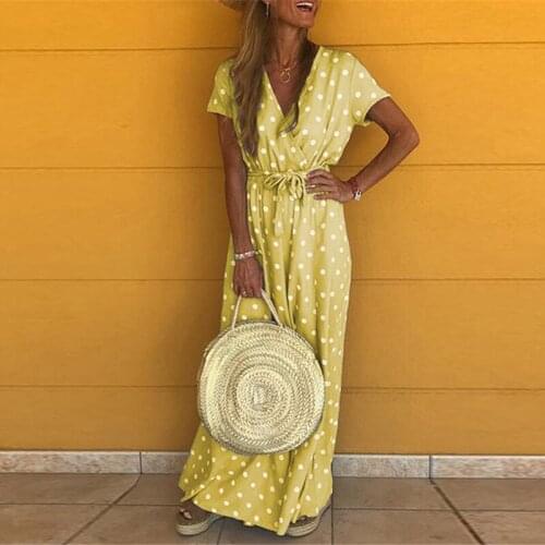 Elegant Slim Lace Up Woman Dress Sexy V-Neck Polka Dot Women Dress Casual Short Sleeve Beach Holiday Long Maxi Dress Female Robe