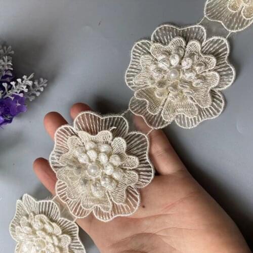 1 Yard Ivory Pearl Flower Vintage Polyester Embroidered Lace Trim Ribbon Fabric Handmade DIY Garment Wedding Dress Sewing Craft