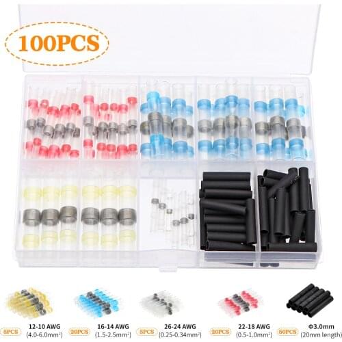 100pcs Heat Shrink Butt Crimp Terminals Waterproof Solder Seal Electrical Butt Connectors Wire Cable Splice Terminal Kit