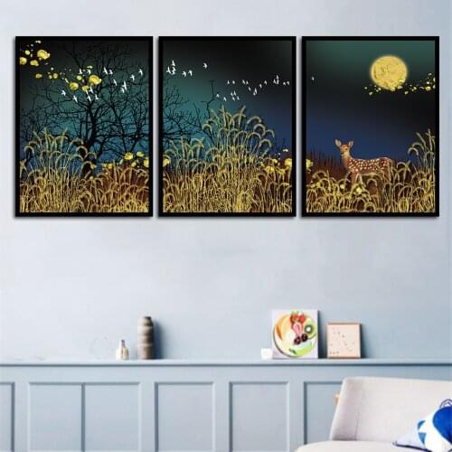 No Framed 3 pcs KITs Canvas Painting Modern Impression Golden Moon Fawn Home Decoration Living Room Bedroom Wall Decor Picture