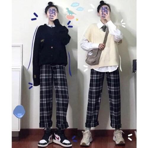 New Ninth Pants Plaid Casual Pants Summer New Womens Korean Style Wild Loose Wide-Leg Long Trousers For Women