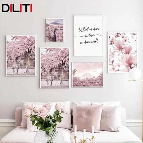 Mount Fuji Cherry Blossoms Canvas Painting Love Quote Wall Art for Living Room Nordic Posters and Prints Picture Home Decor