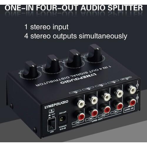 HIFI Lossless 1In 4 Out Stereo Signal Amplifier Distributor Independent Output Volume Lossless