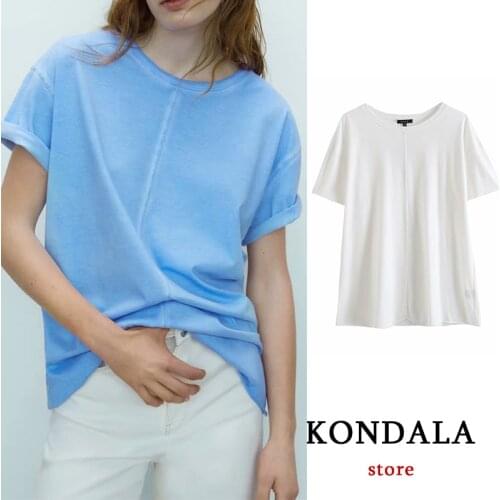 KONDALA Za 2021 Fashion Summer 100% Cotton Tshirts Women Casual Solid Short Sleeve Soft Oversized Tees Shirt Female Elegant Tops