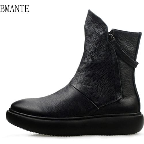 Trainers Solid Male Adult Ankle Fur Boots Casual Lace Up Flats High Spring Black Sneaker Men Genuine Leather Heavy Base Shose