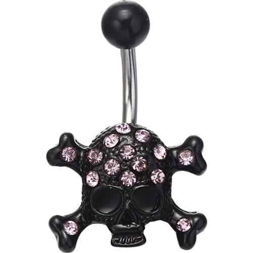 1PC Belly Button Rings Black Skull with pink rhinestone Body Jewelry Stainless Steel Gem Navel Piercing For WOMEN beach jewelry