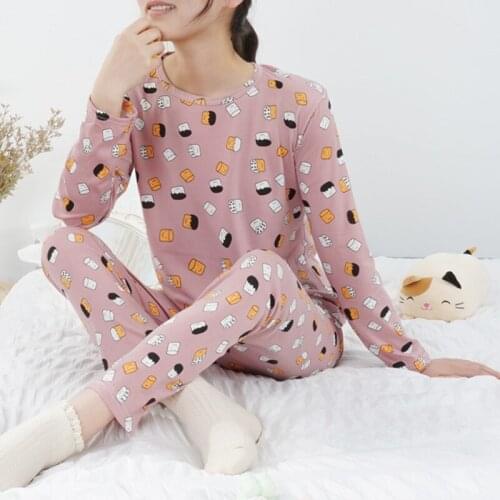 Spring / Summer 2021 New Long-sleeved Trousers Ladies Pajamas Round Neck Full Print Cotton Breathable Women Pajama Set