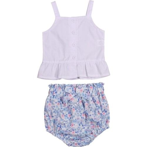 OPPERIAYA Baby Girls Clothes Casual Set Solid Color Sleeveless Square Collar Ruffle Hem Sling T-shirt Floral Print Short Pants