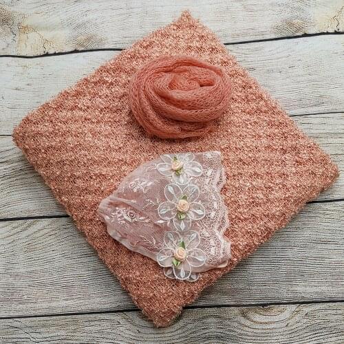 Clearance A Set 150*100cm Thin Fabric Backdrop Blanket+60*40cm Mohair Knit wrap+Handcraft Lace Hat for Newborn Baby Shooting