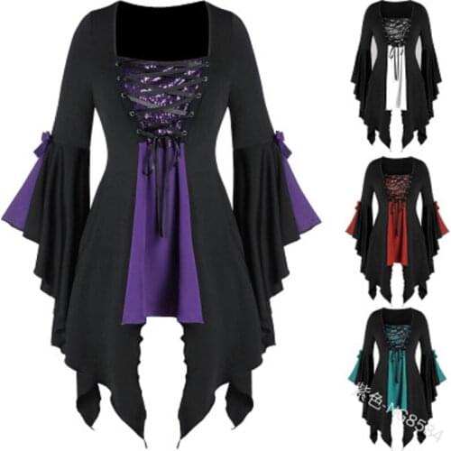 Medieval Retro Corset Sexy Gothic Women Vintage tuxedo court Shirt Solid color temperament V-neck buckled long-sleeved top