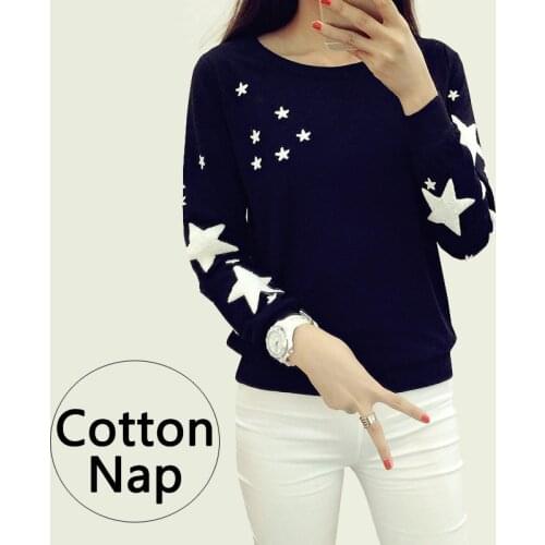 Autumn winter Women Hoodie Fashion embroidery star pattern cotton Thick velvet warm round neck Long Sleeve big size Sweatshirts