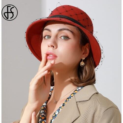 FS 2021 Vintage 100% Wool Felt Dome Fedora Hats For Women Winter Church Cloche Derby Hat Fedoras Bowler Cap With Belt Veils