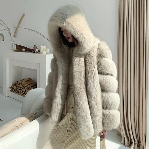 Rf1991B Winter Fashion Fox Fur Coat with Big Hood Super Warm Genuine Leather Womans Real Fur Jacket