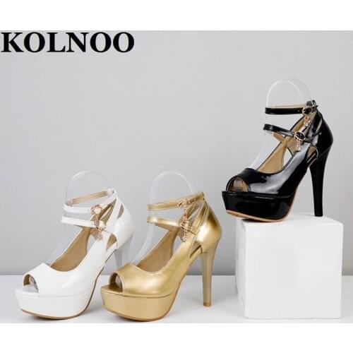 KOLNOO Handmade Simple Style Ladies High Heels Pumps Mary Janes Peep-Toe Patent Leather Sexy Office Party Prom Fashion Shoes
