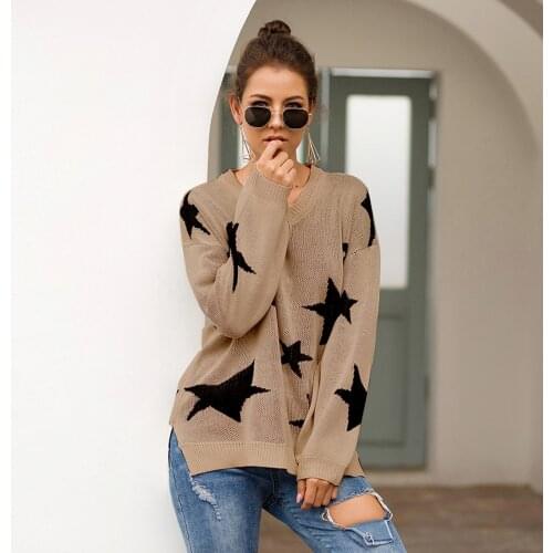 Womens Autumn Sweater Pentagram Star Knit V-neck Long Sleeve Loose Japan Woman Sweaters Female Pullovers Tops VD31001