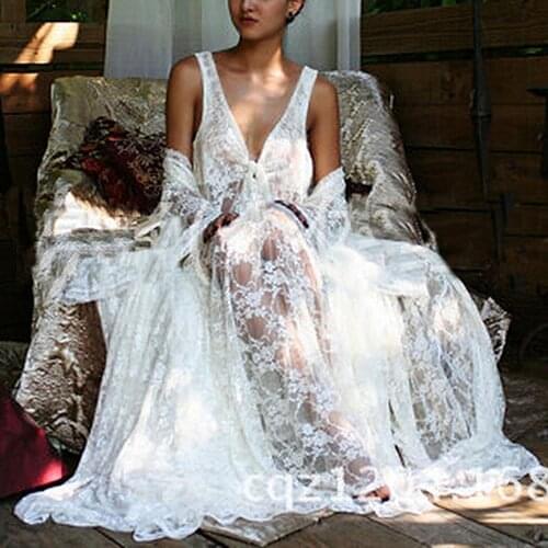 Women Dress Swimwear Sexy V-neck Sleeveless Summer Beach Lace Cover Up See Through Maxi Dress