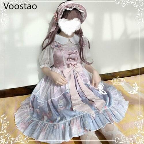 Japanese Harajuku Sweet Lolita Jsk Dress Original Design Women Cute Cartoon Cat Mermaid Princess Dresses Girly Sleeveless Dress